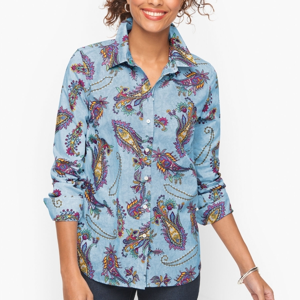 Talbots Plus 1X Cotton Button Front Shirt Swirly Paisley Long Sleeve Boho Preppy